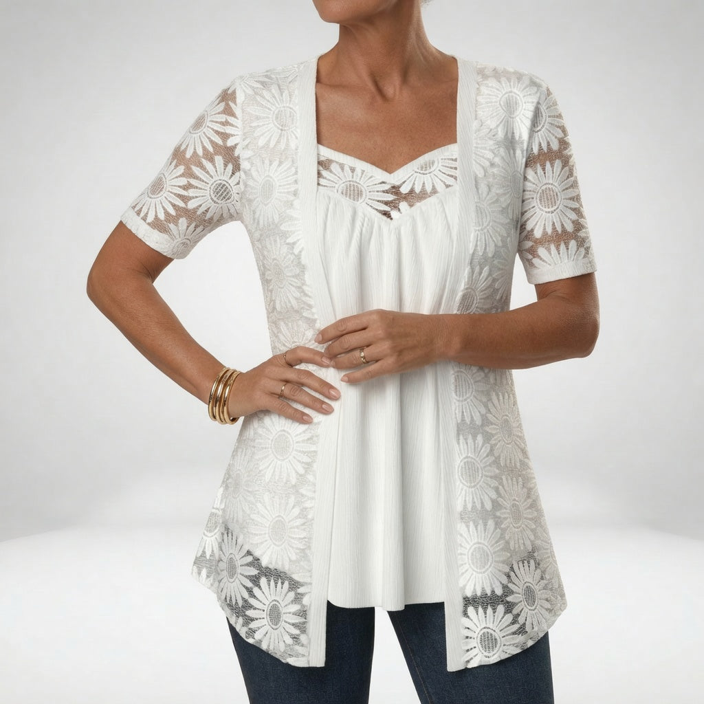 Prudence™ — White Blouse with Lace and Short Sleeves: Feminine Elegance