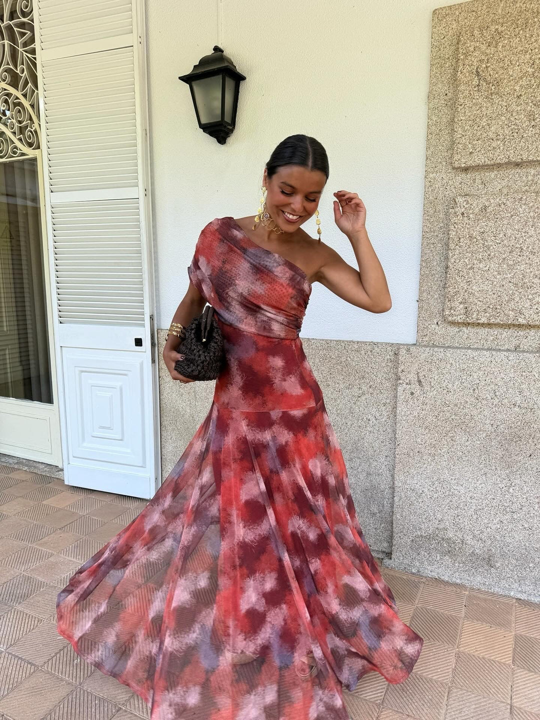 Long Watercolour Off-the-Shoulder Dress