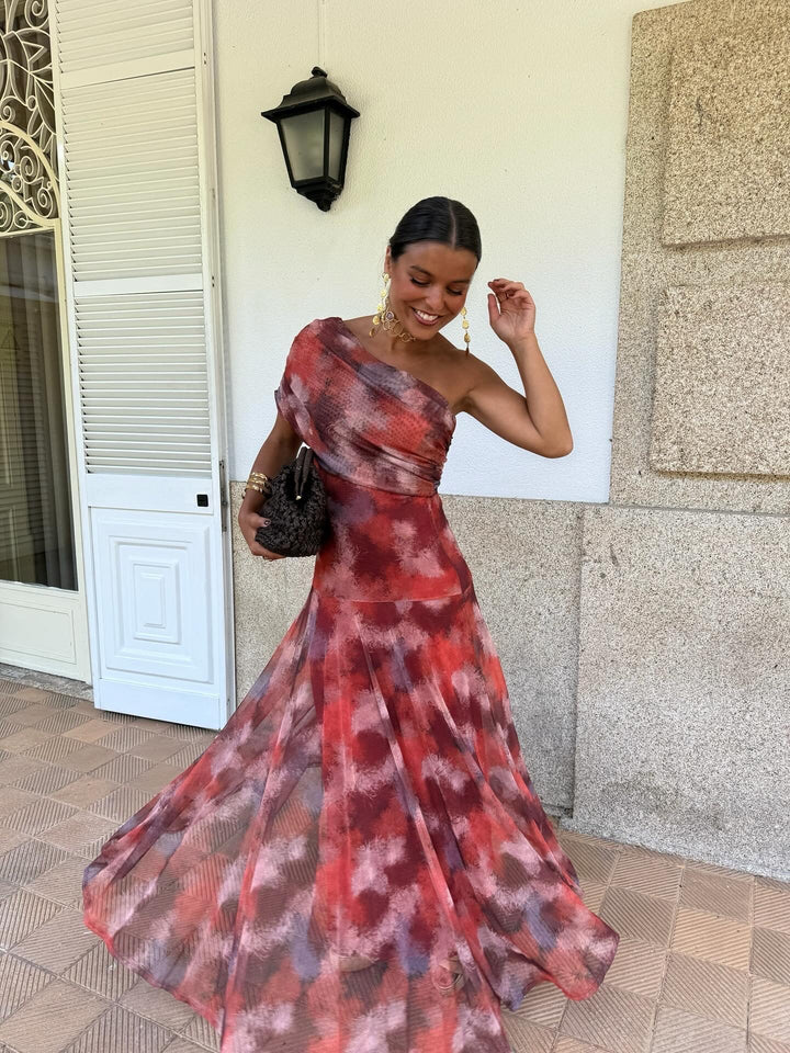 Long Watercolour Off-the-Shoulder Dress