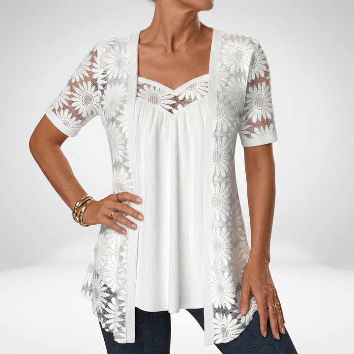 Prudence™ — White Blouse with Lace and Short Sleeves: Feminine Elegance