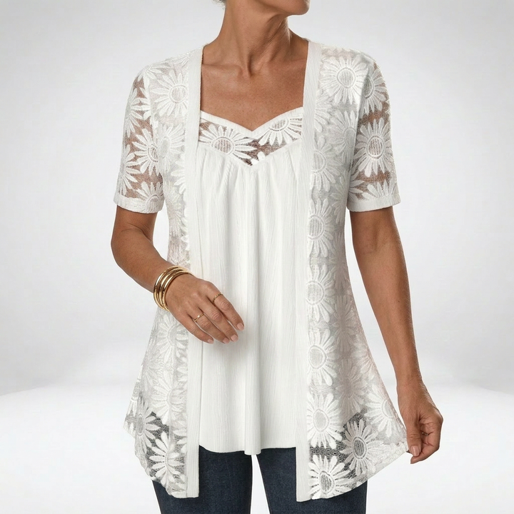 Prudence™ — White Blouse with Lace and Short Sleeves: Feminine Elegance