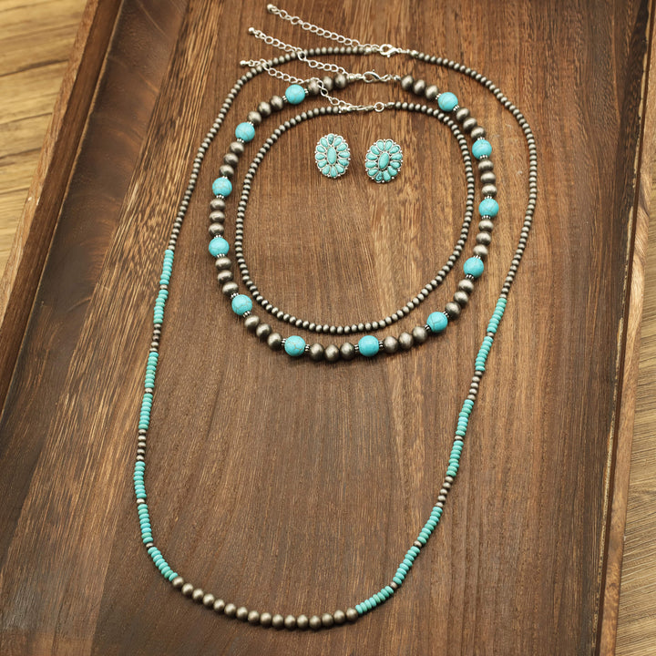 Turquoise Contrast Beaded Necklace & Earrings Set (5 pcs)