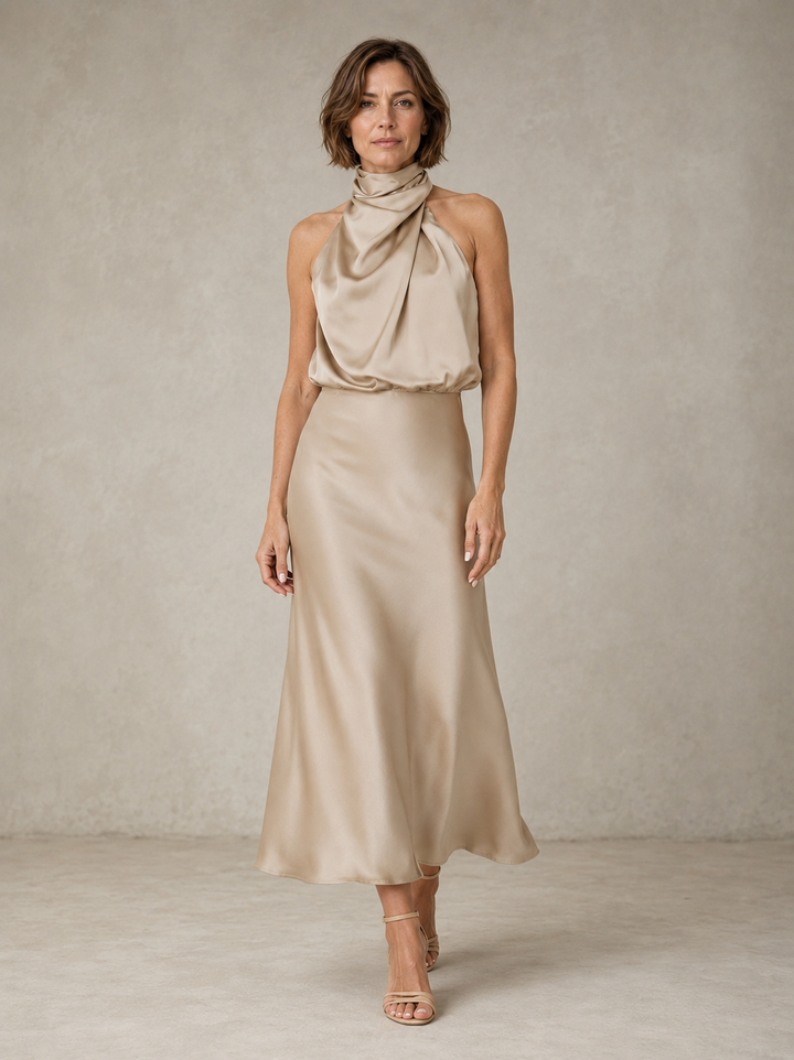 Sabine | Teal Satin Draped Halter-Neck Midi Dress