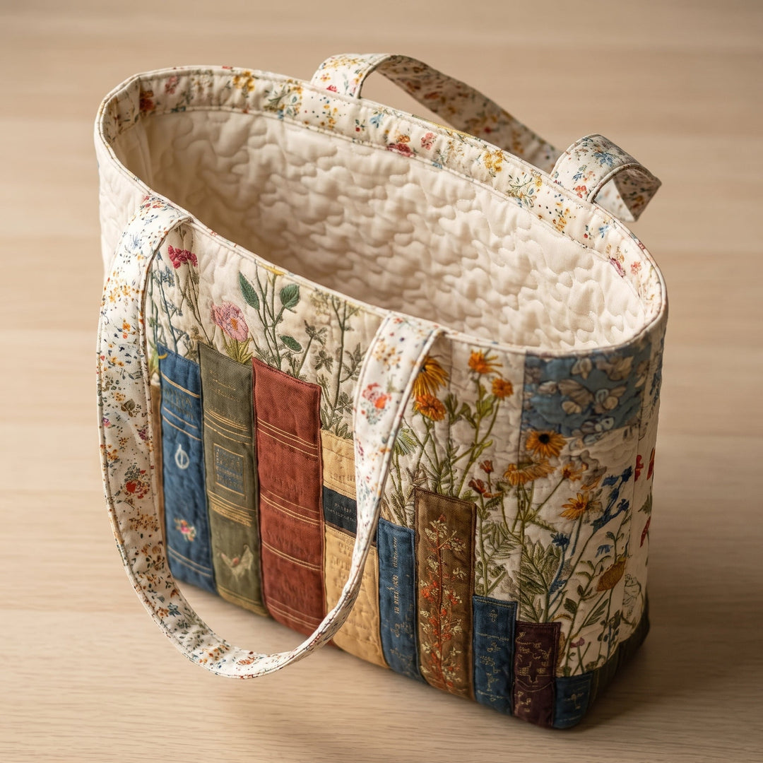 Artisan Quilted Bag - Books and Flowers