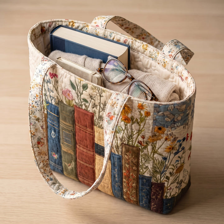 Artisan Quilted Bag - Books and Flowers