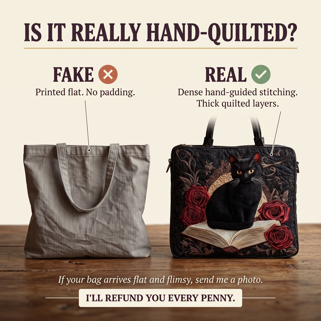 Quilted Artisan Bag - Black Cat on Books