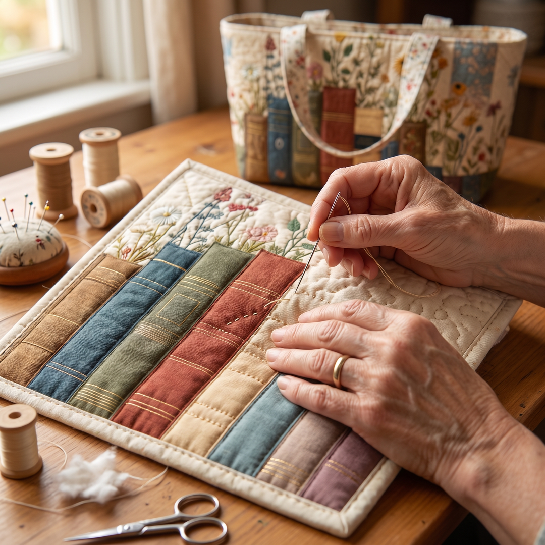 Artisan Quilted Bag - Books and Flowers