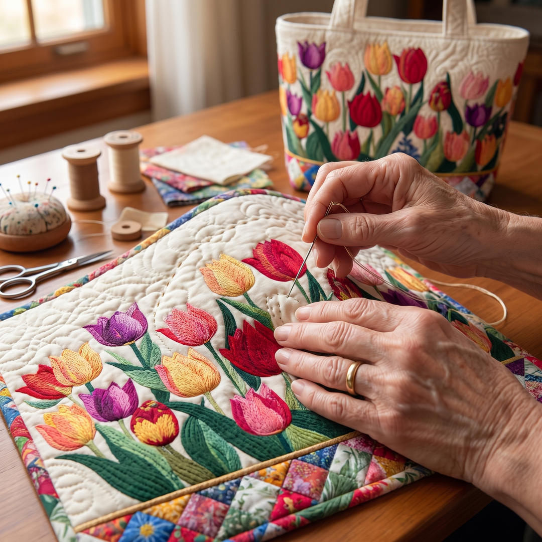 Quilted Tote Bag - Tulip Garden