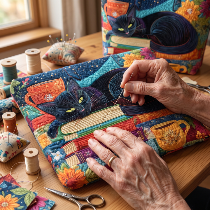 Artisan Bag - Black Cat with Books and Mugs