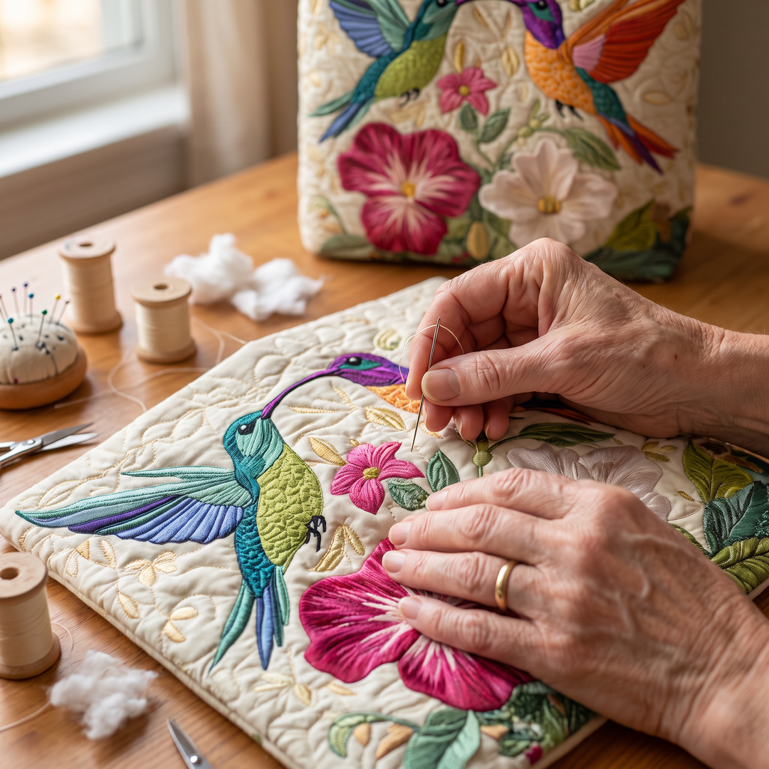 Quilted Bag - Hummingbird and White Flowers