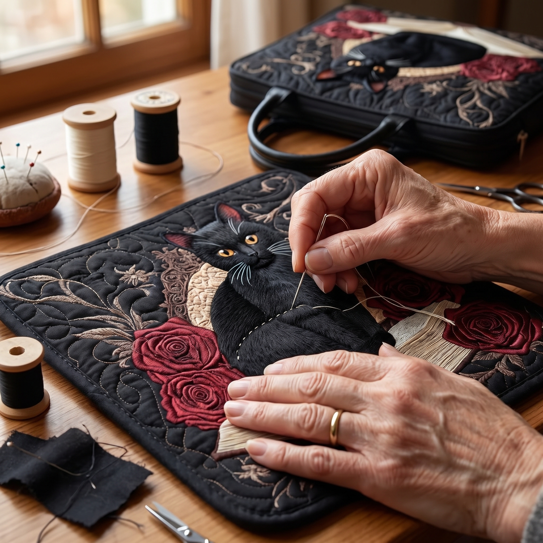 Quilted Artisan Bag - Black Cat on Books