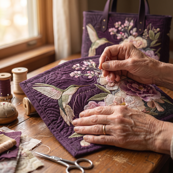 Artisanal Quilted Bag - Hummingbirds and Orchids