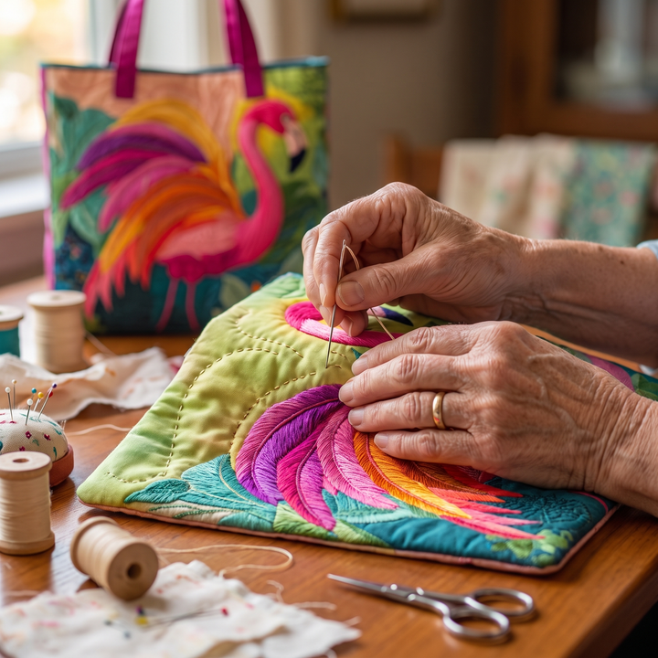 Quilted Tote Bag - Rainbow Flamingo