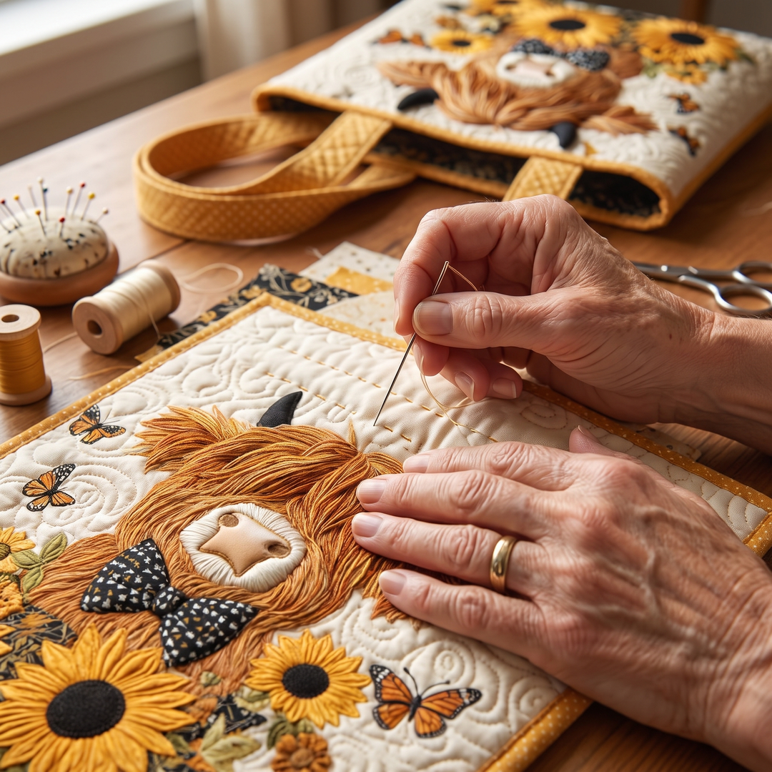 Quilted Bag - Highland Cow with Sunflowers