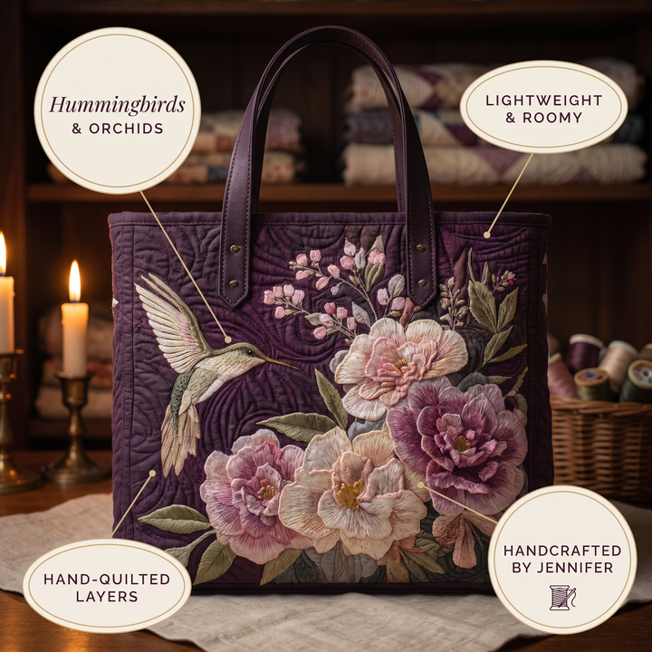 Artisanal Quilted Bag - Hummingbirds and Orchids