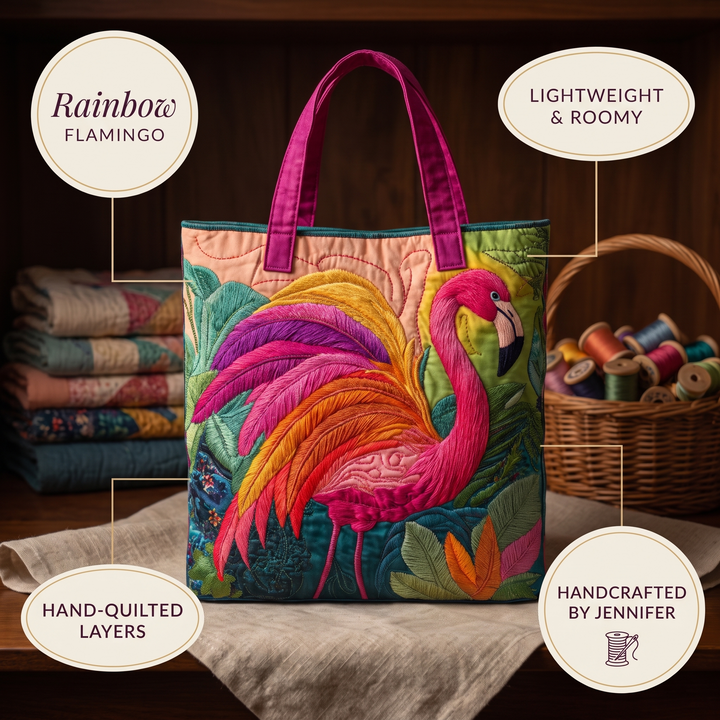 Quilted Tote Bag - Rainbow Flamingo