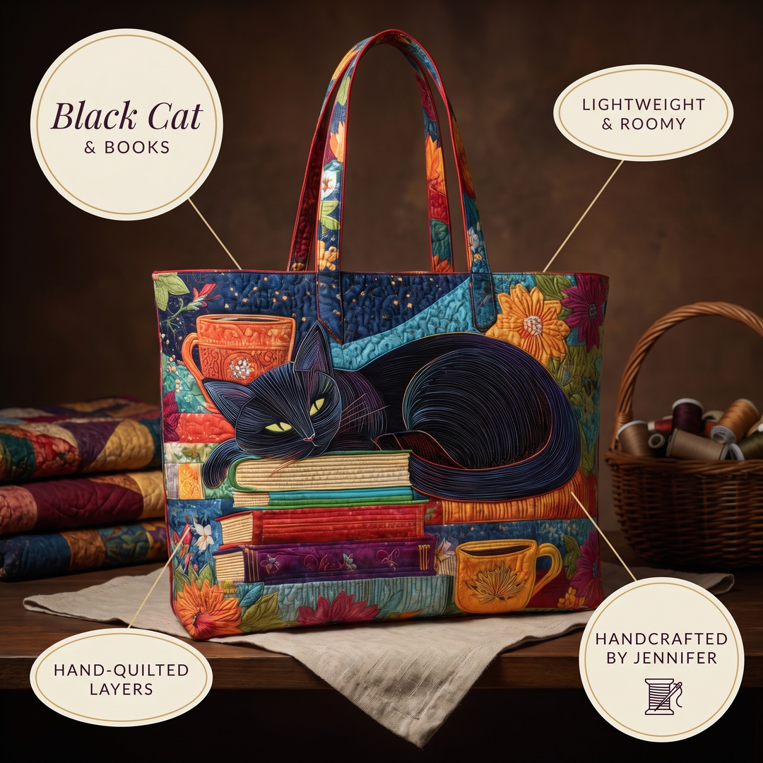 Artisan Bag - Black Cat with Books and Mugs
