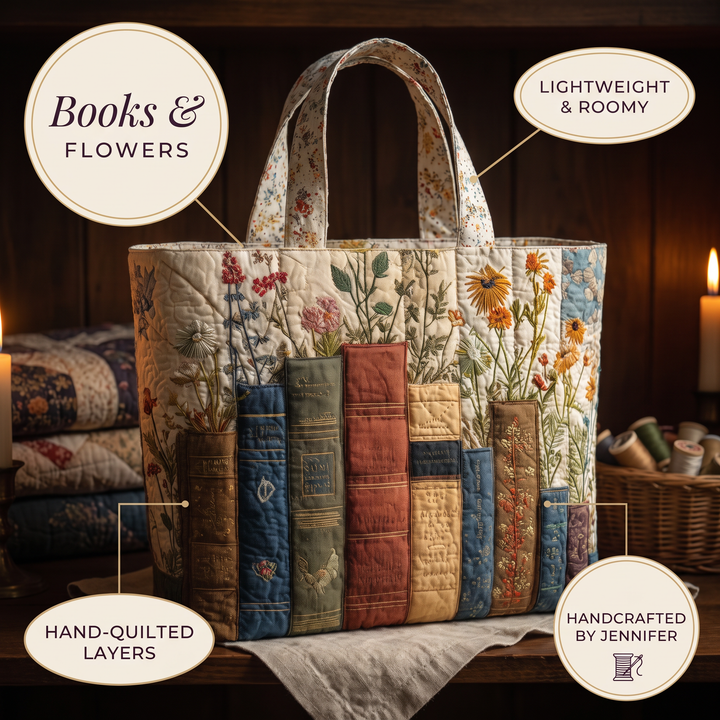 Artisan Quilted Bag - Books and Flowers