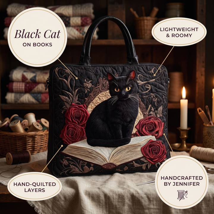 Quilted Artisan Bag - Black Cat on Books