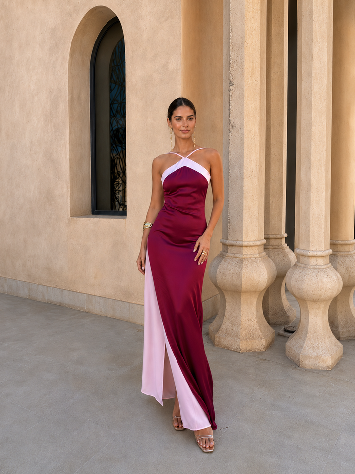 Long Satin Dress with Crossed Neckline
