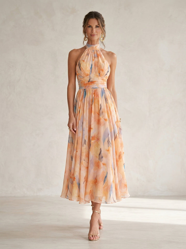 Watercolour Print Halter Neck Dress