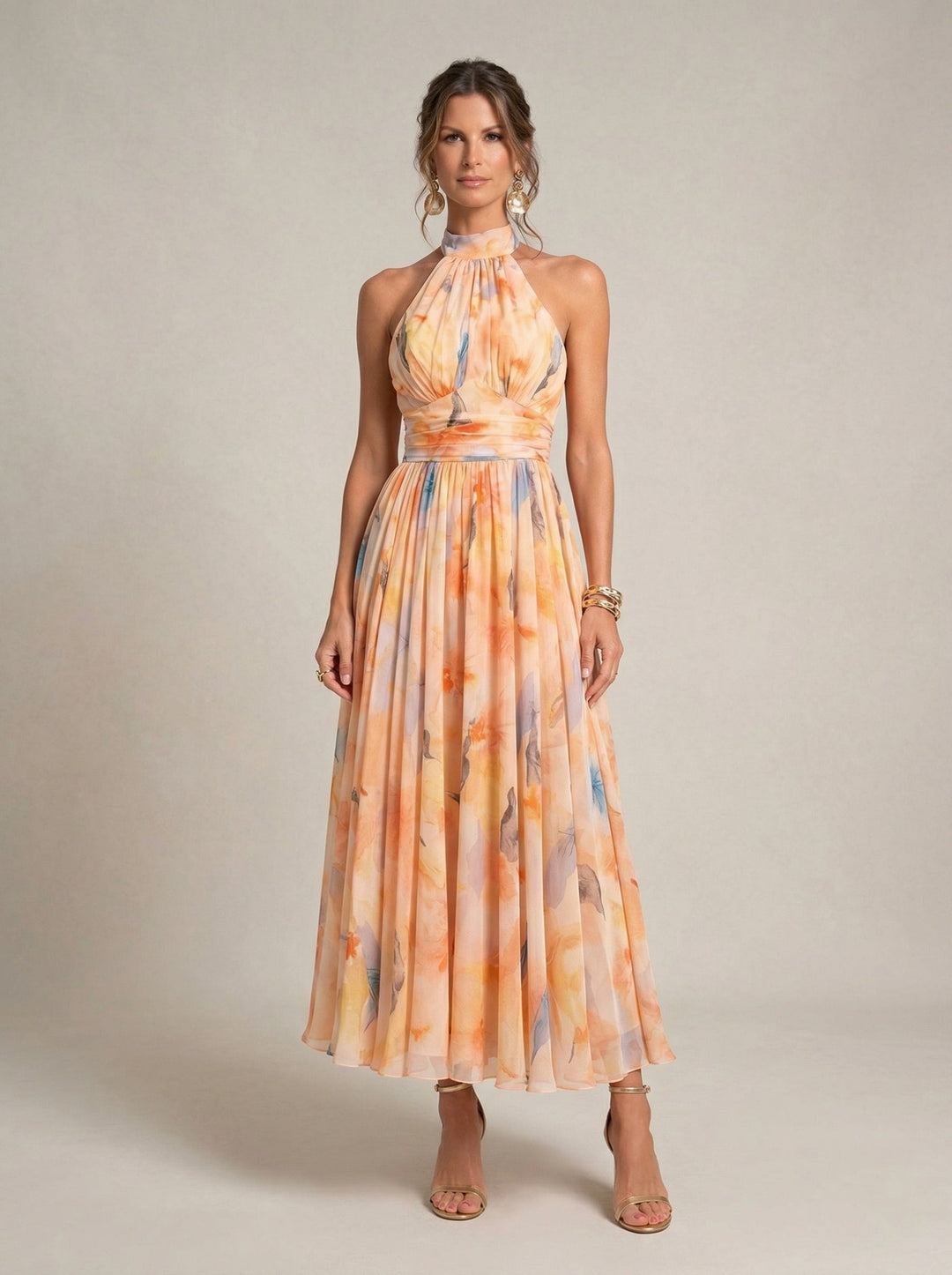 Watercolour Print Halter Neck Dress