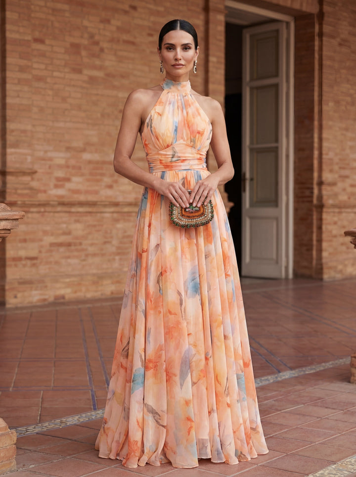Watercolour Print Halter Neck Dress