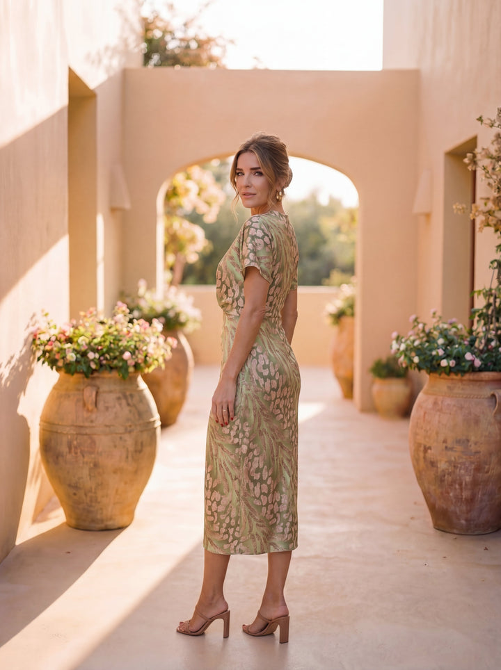 Midi dress with slimming effect, central knot and fluid fall