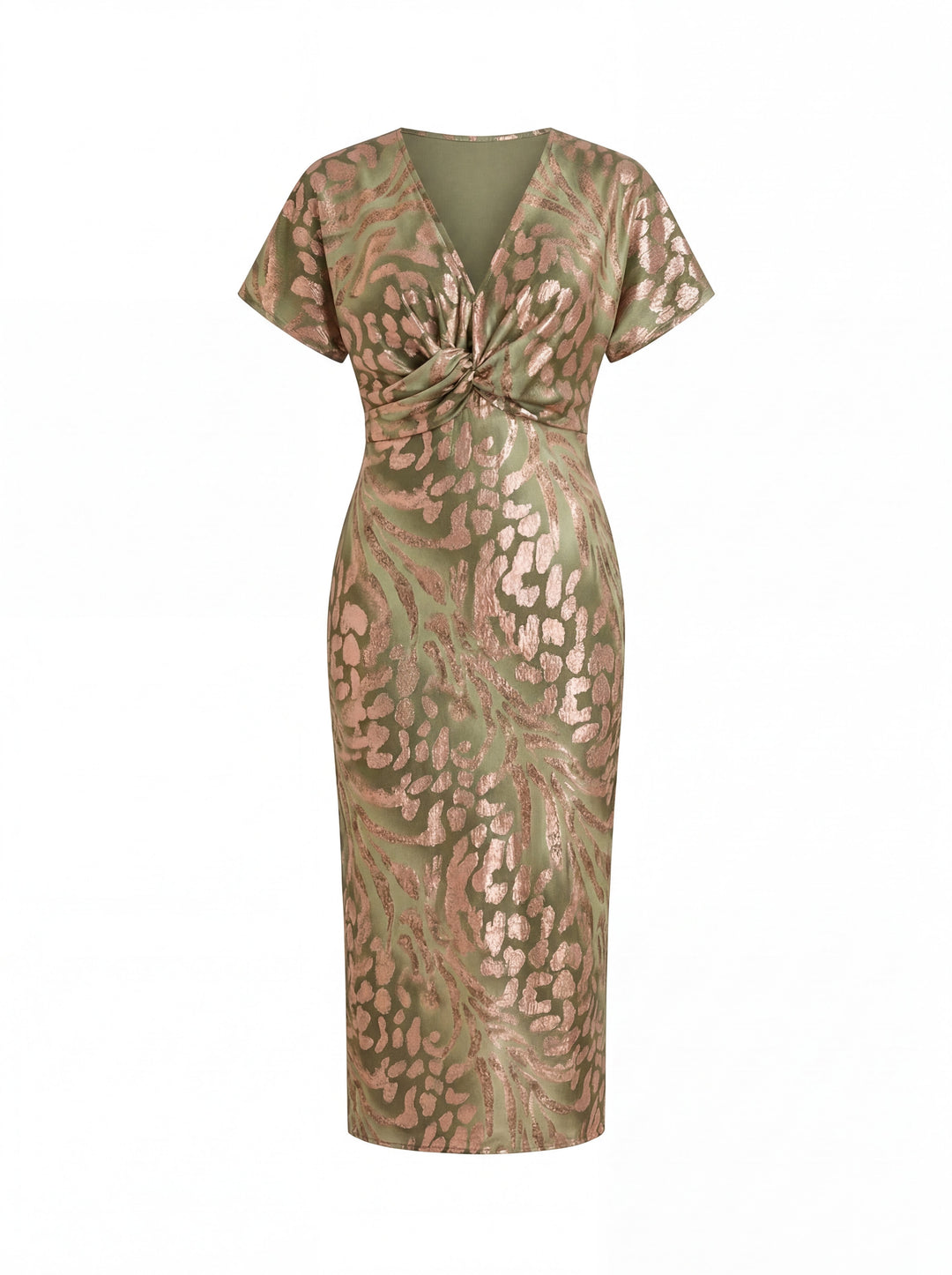 Midi dress with slimming effect, central knot and fluid fall