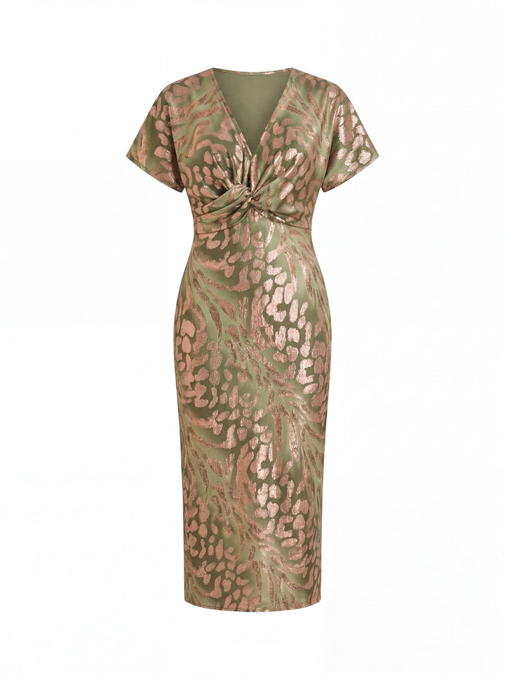 Midi dress with slimming effect, central knot and fluid fall
