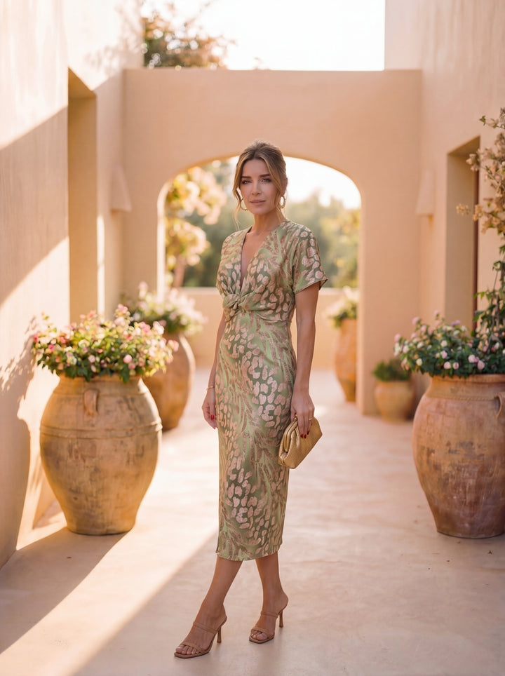 Midi dress with slimming effect, central knot and fluid fall