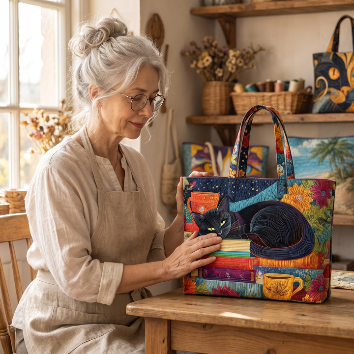 Artisan Bag - Black Cat with Books and Mugs
