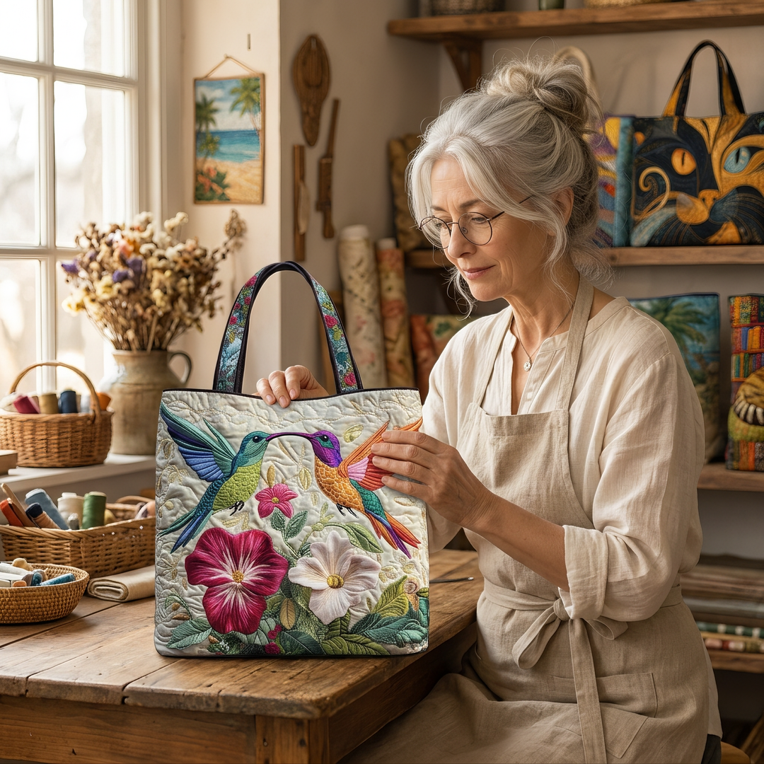 Quilted Bag - Hummingbird and White Flowers