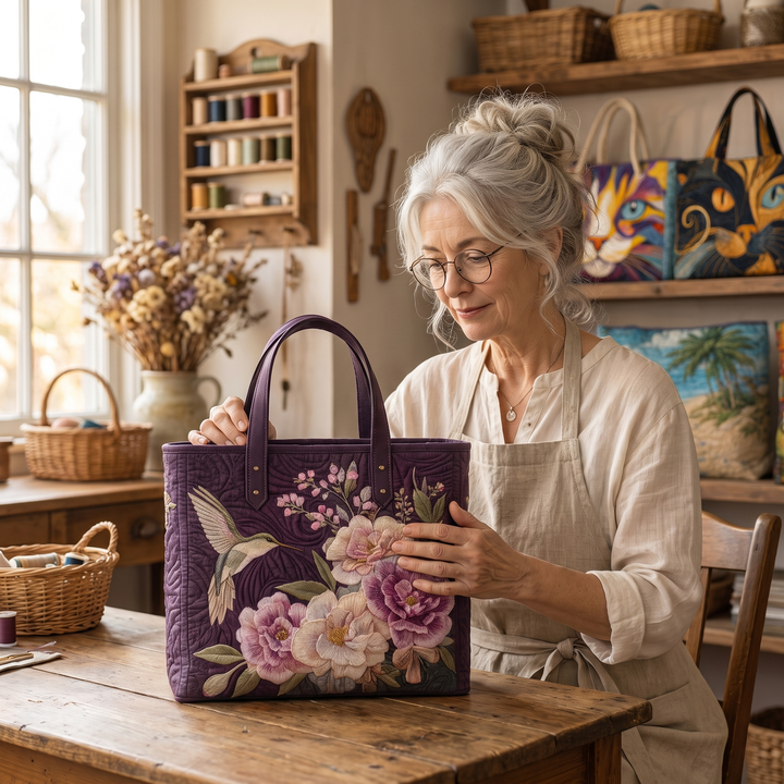 Artisanal Quilted Bag - Hummingbirds and Orchids