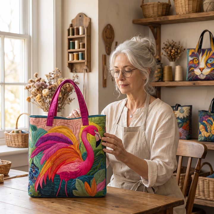 Quilted Tote Bag - Rainbow Flamingo