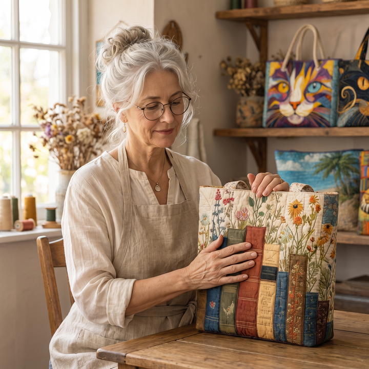 Artisan Quilted Bag - Books and Flowers