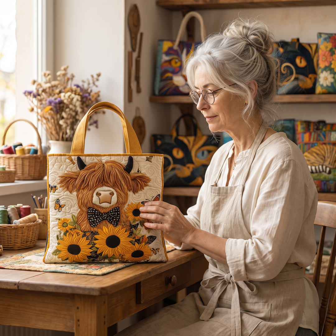 Quilted Bag - Highland Cow with Sunflowers