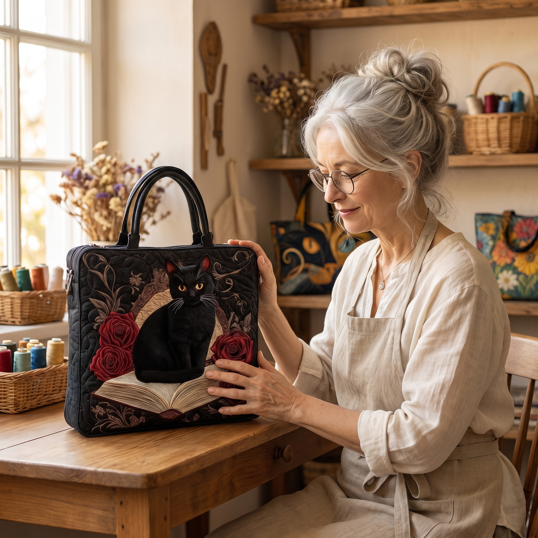 Quilted Artisan Bag - Black Cat on Books