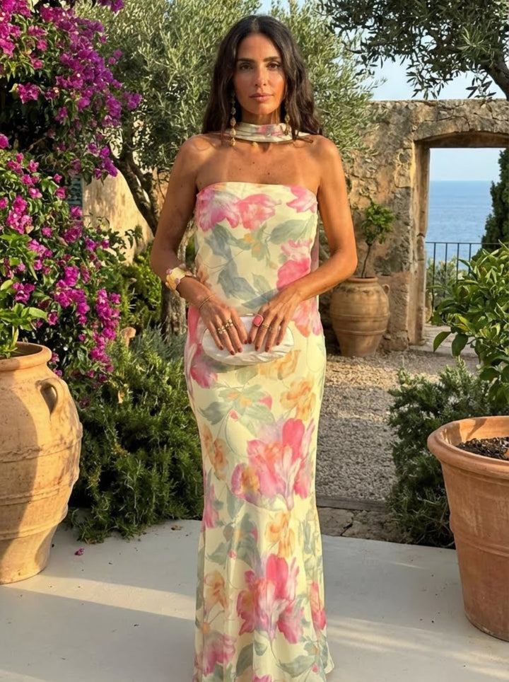 Watercolour Floral Strapless Maxi Dress
