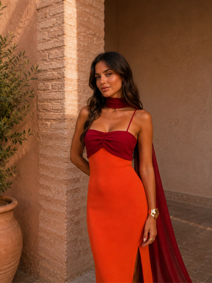 Two-tone draped maxi dress