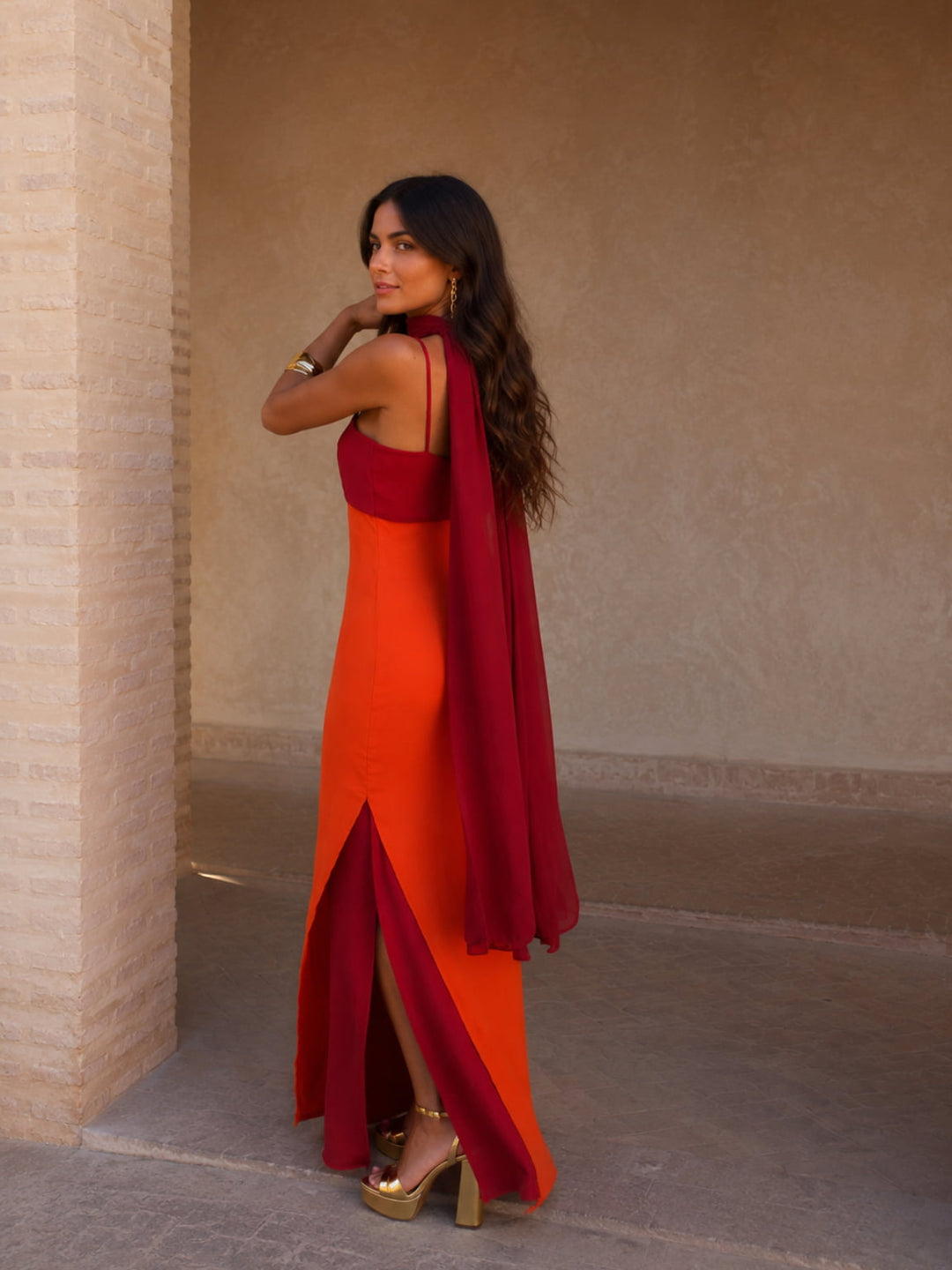 Two-tone draped maxi dress