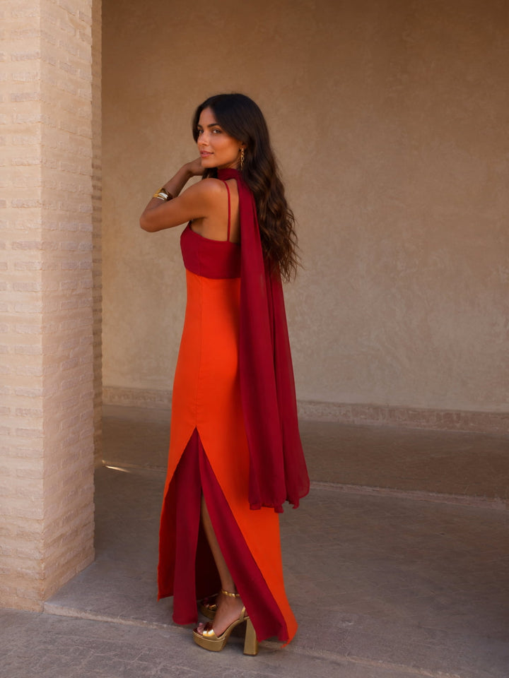Two-tone draped maxi dress