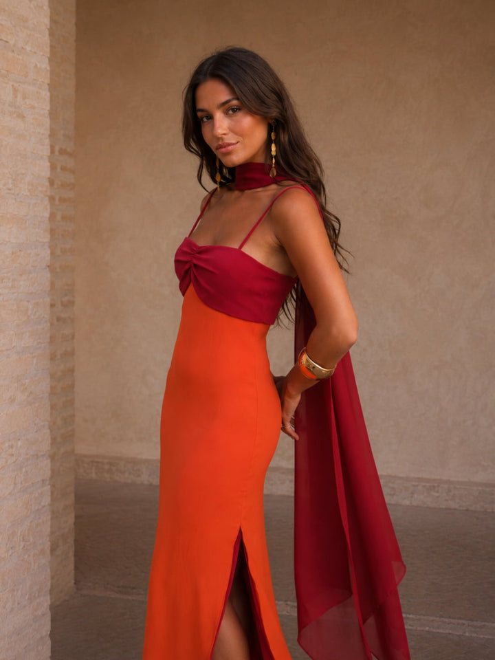 Two-tone draped maxi dress