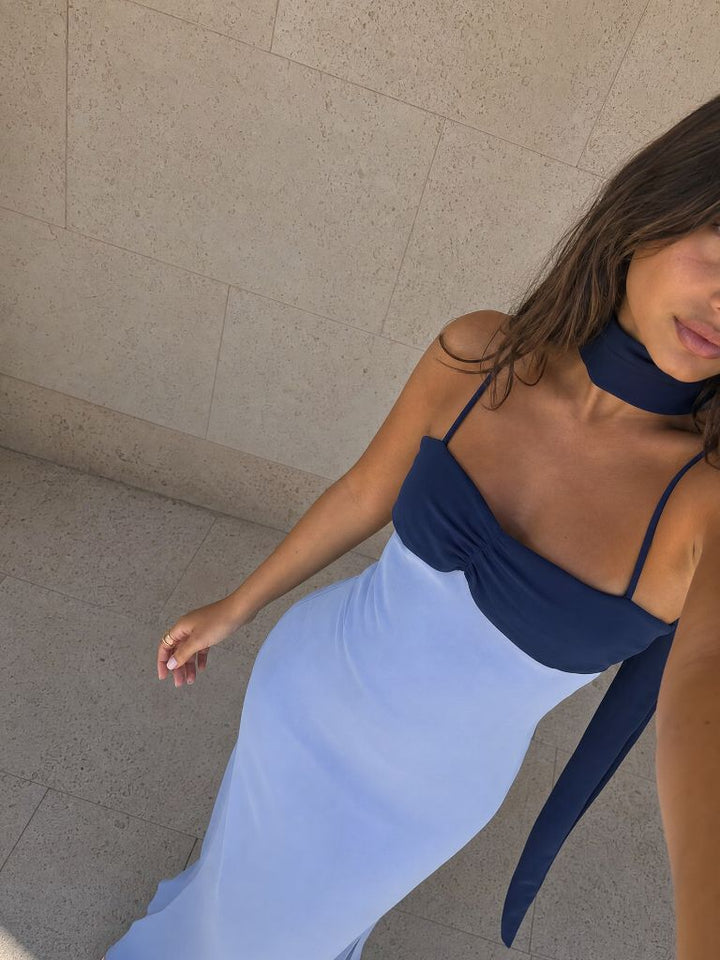 Two-tone draped long dress