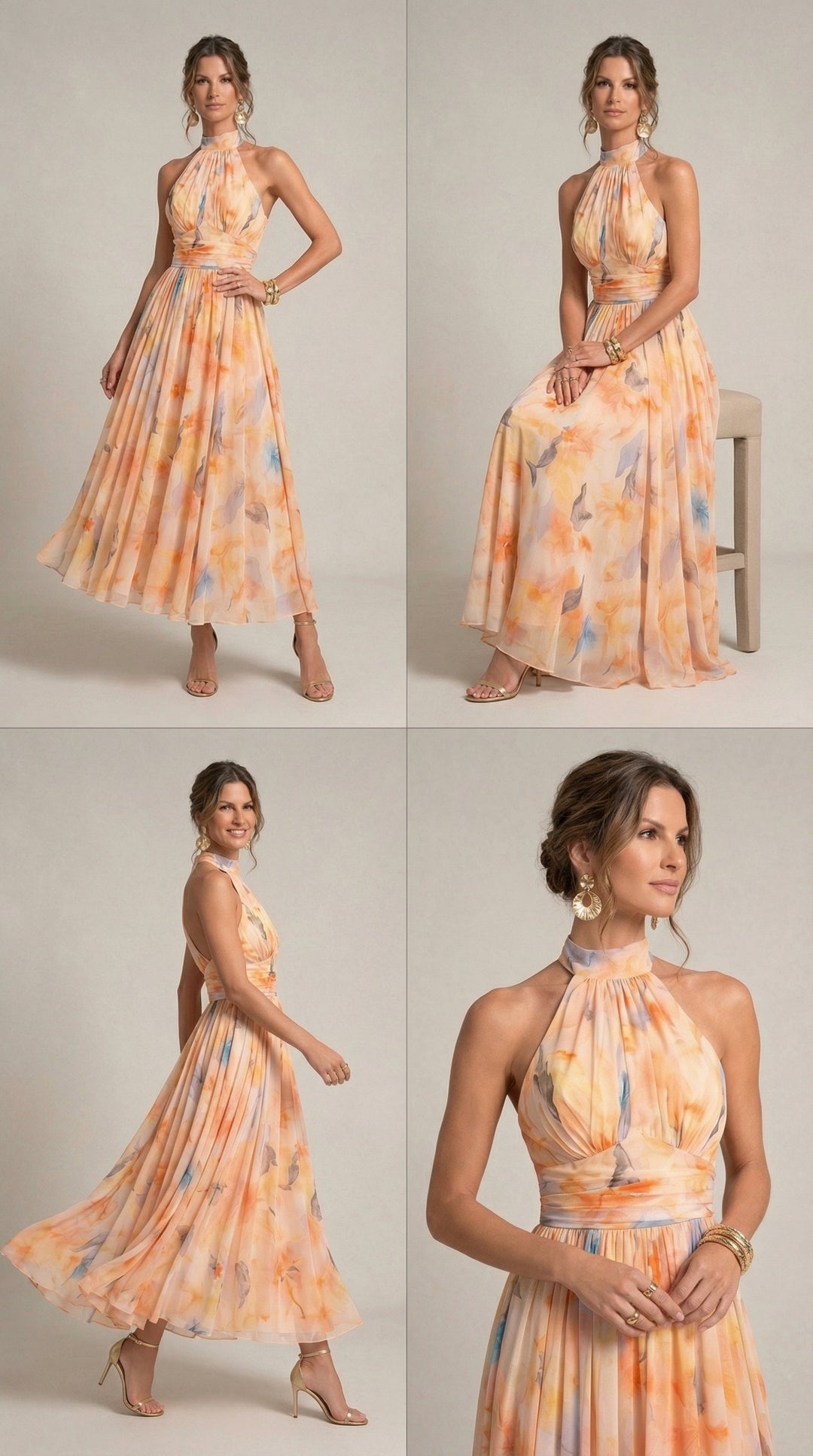 Watercolour Print Halter Neck Dress