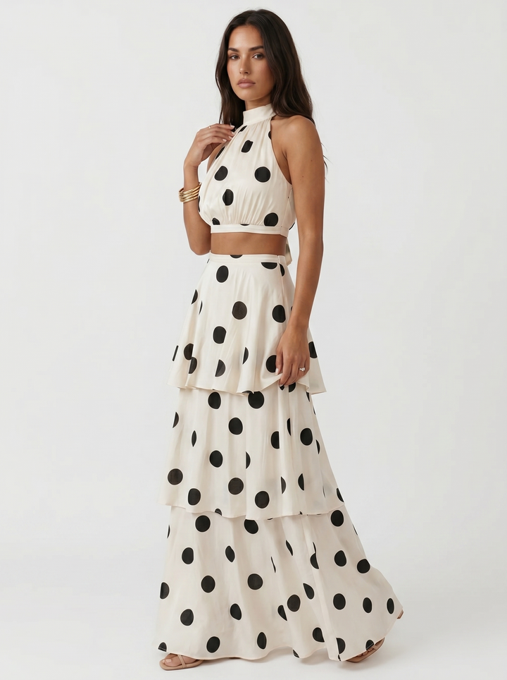 Top and long skirt set with polka dots