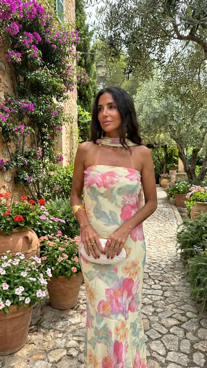 Watercolour Floral Strapless Maxi Dress