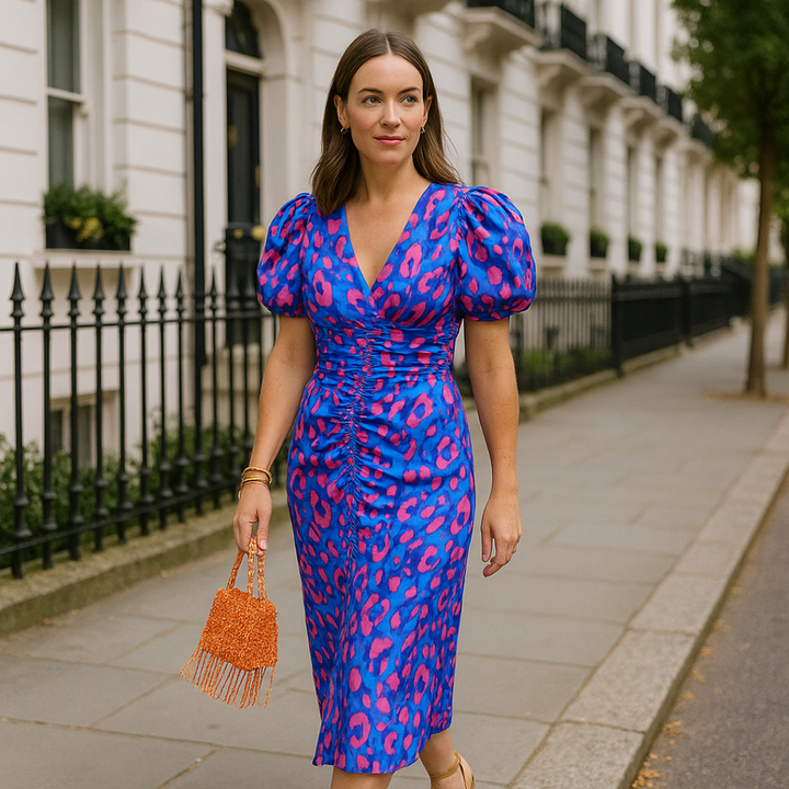 Pleated Sleeve Colourful Midi Dress