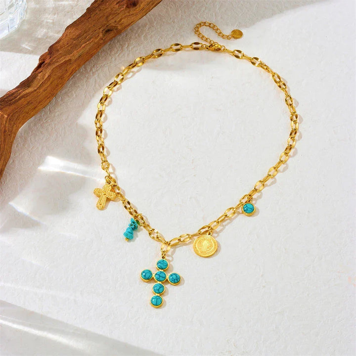 Blessed Turquoise Gemstone Cross Necklace