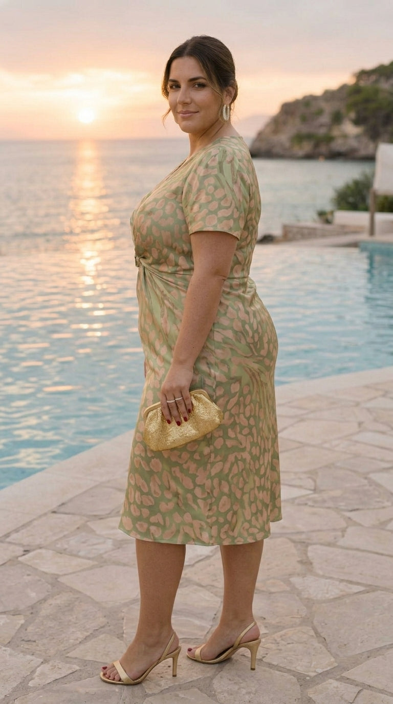 Midi dress with slimming effect, central knot and fluid fall